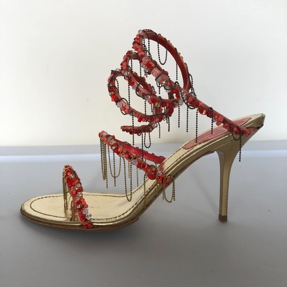 Rene Caovilla Coral Beaded Coil Heeled Sandals - Picture 5 of 8